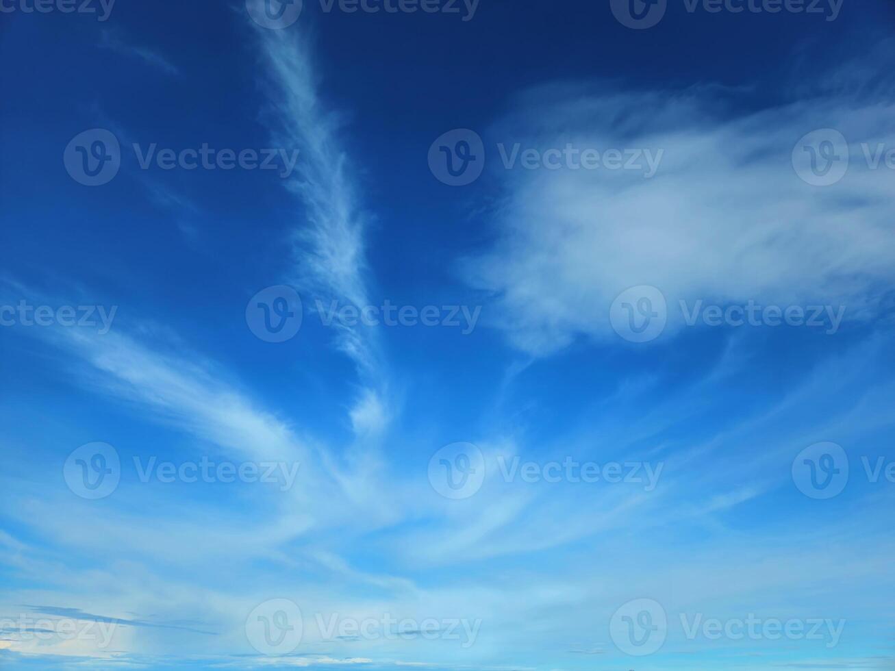 Clear blue sky with white clouds, nature presentation background, panorama. Horizontal photo with space for text. Bright, sunny September sky with small clouds copy space