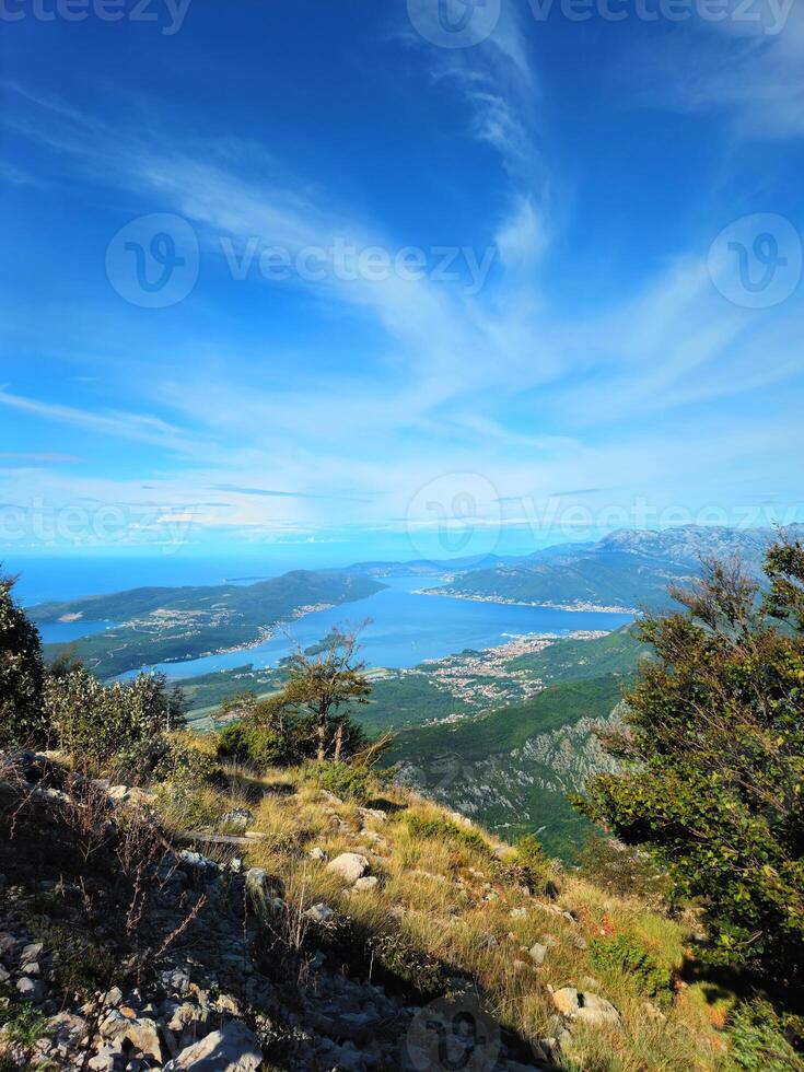 Stunning Panoramic View from Mountain Overlook of Bay of Kotor and Adriatic Sea in Montenegro, Featuring Lush Green Vegetation, Rugged Terrain, Coastal Towns, and a Clear Blue Sky with White Clouds photo