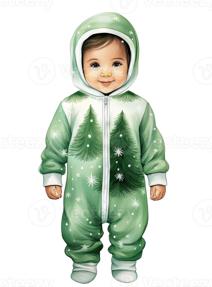 Charming child in a festive green onesie with winter motifs. png