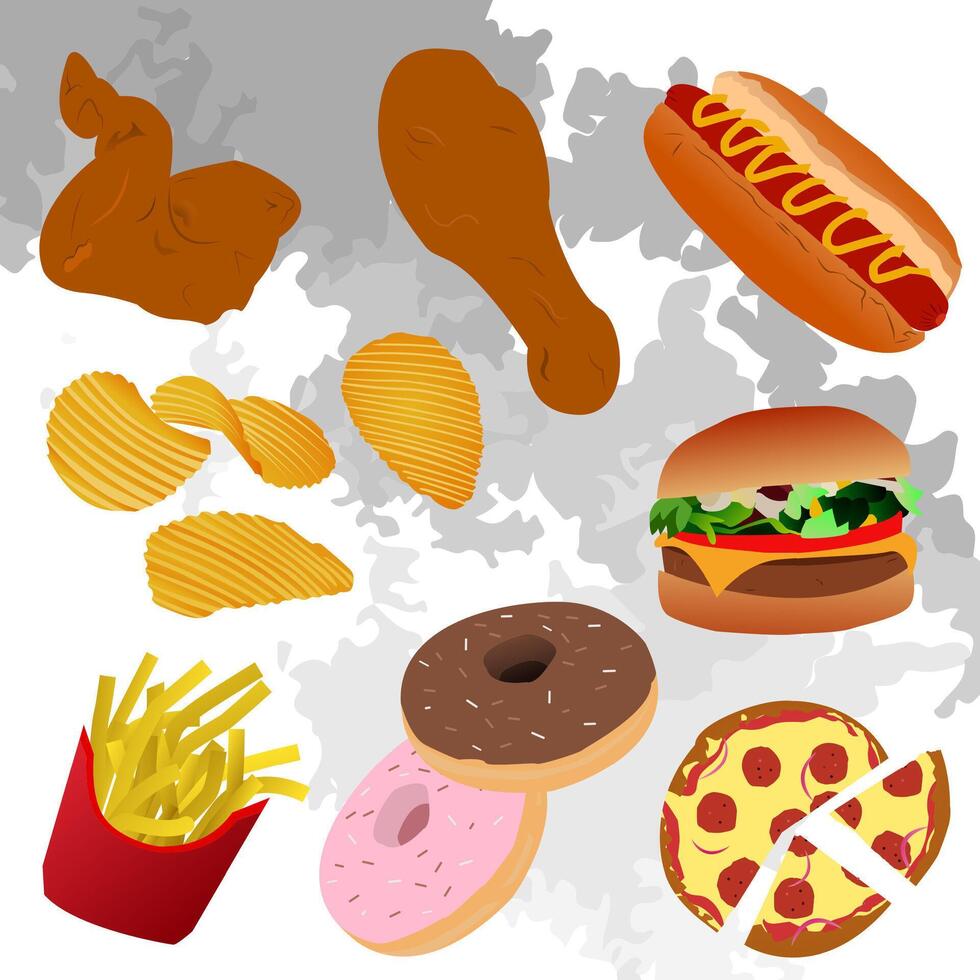 some junk food and fast food with white watercolor background vector