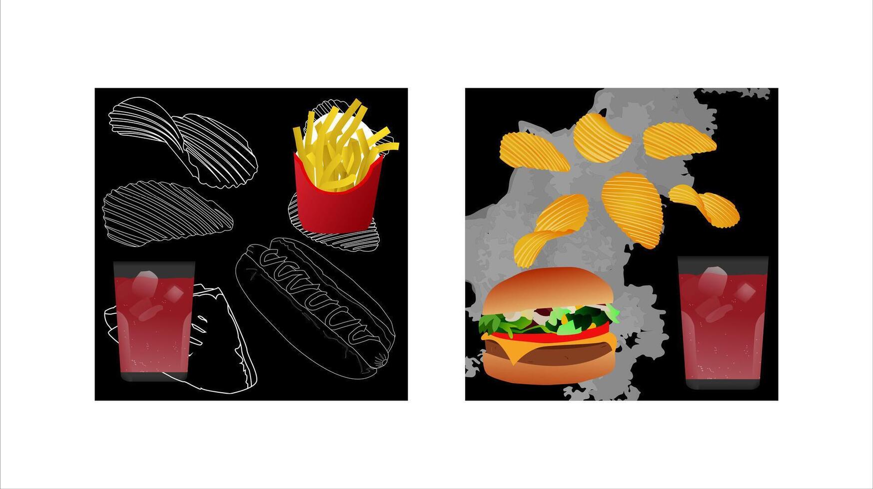 two images, illustration of french fries and soda drink with white and black scribble background, illustration of potato chips, hamburger and soda drink vector