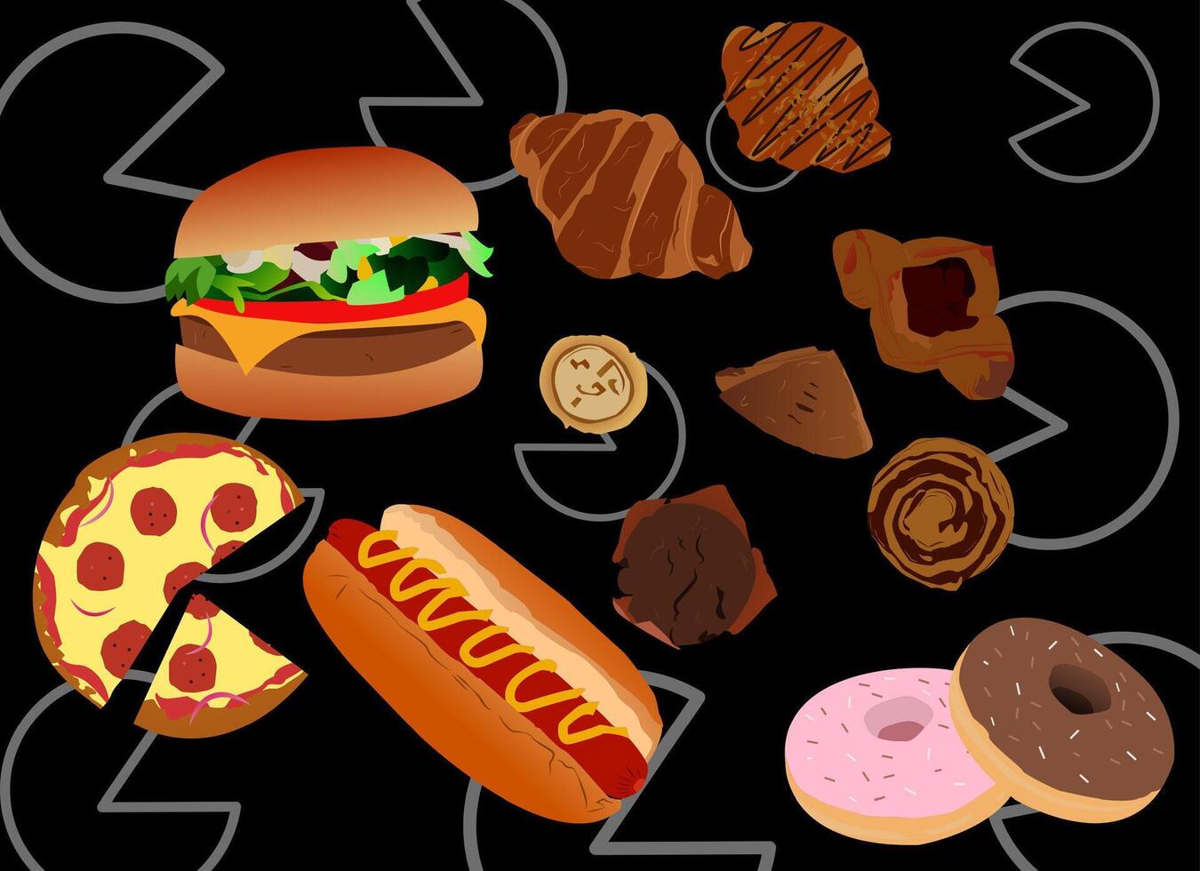 hamburger, cookies, pizza, donuts, hot dogs, with black background and funny doodles vector