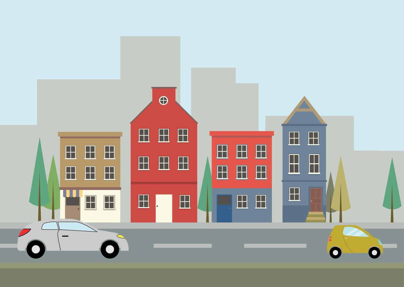 illustration of a building with some trees and two cars vector