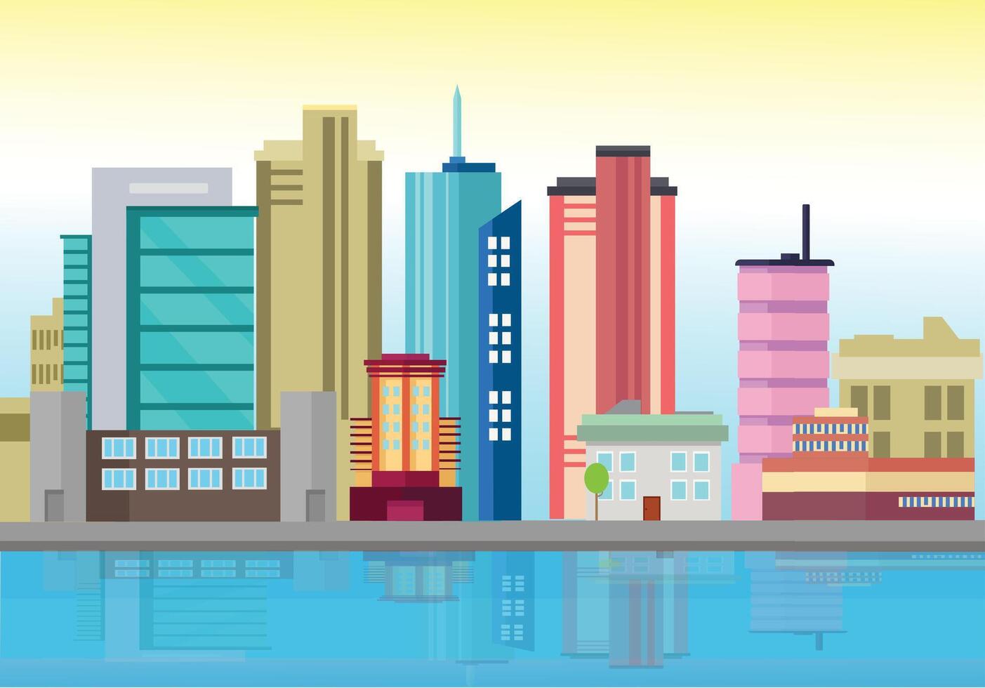 urban city located on the edge of the river, with tall buildings. with a morning background of yellow, white and blue vector