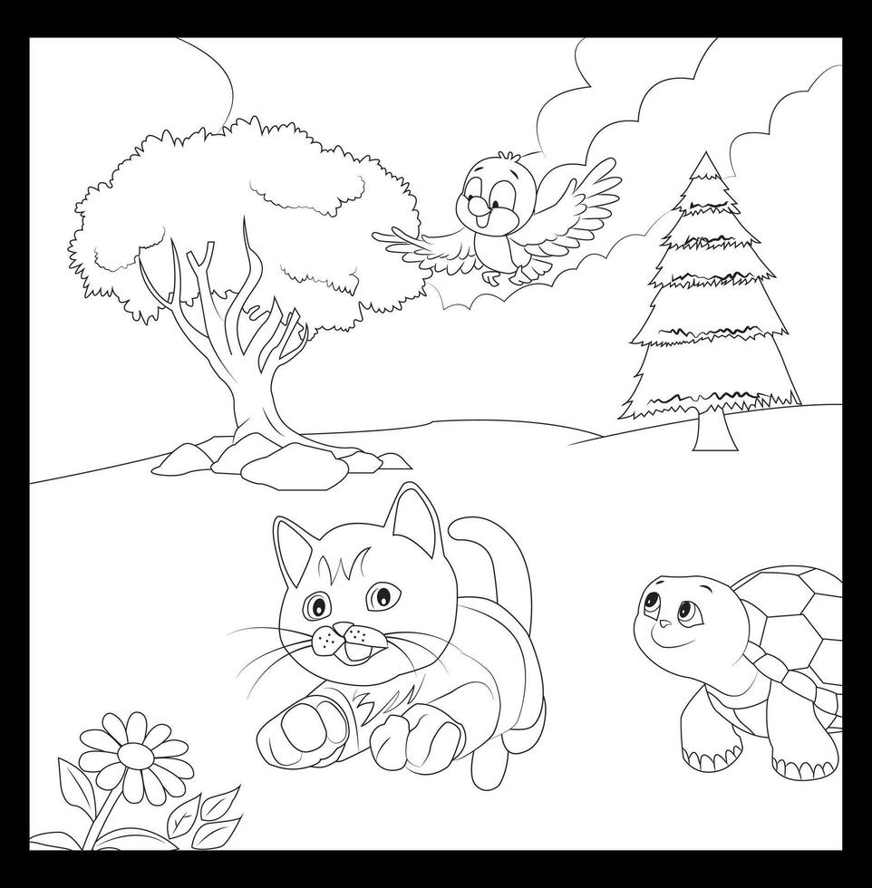 little cat playing with his friend, little turtle and little bird. with two trees background. easy coloring book for kids vector