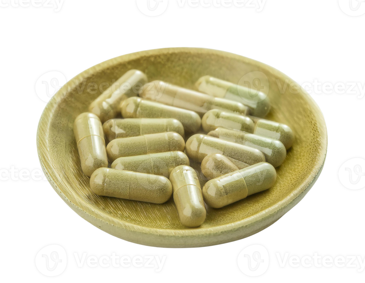 Natural herbal capsules on a wooden plate png