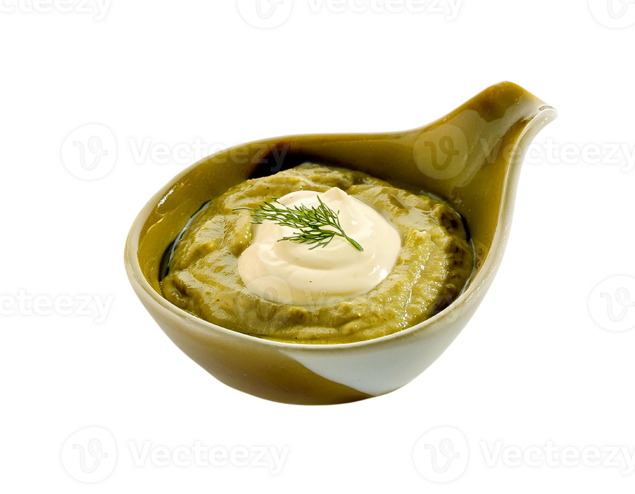 Delicious green dip served in a brown bowl, topped with cream and herbs. png