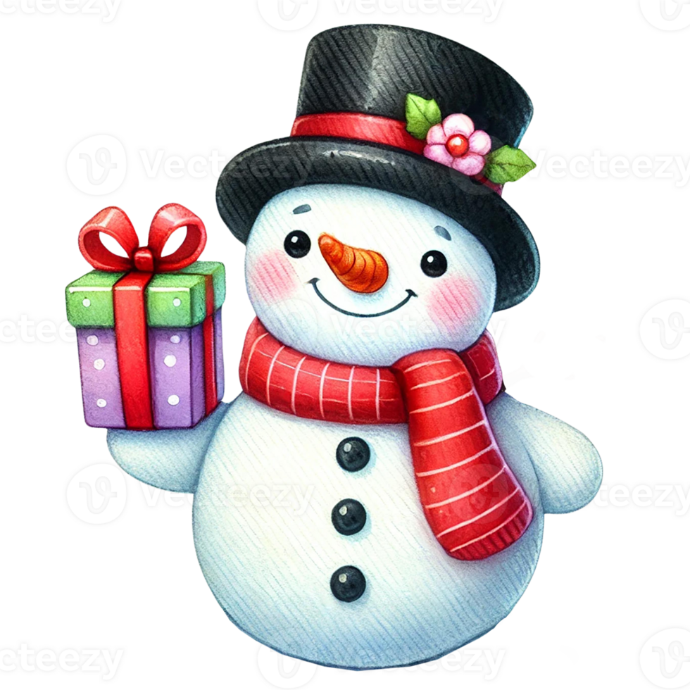 Cheerful snowman holding a gift png