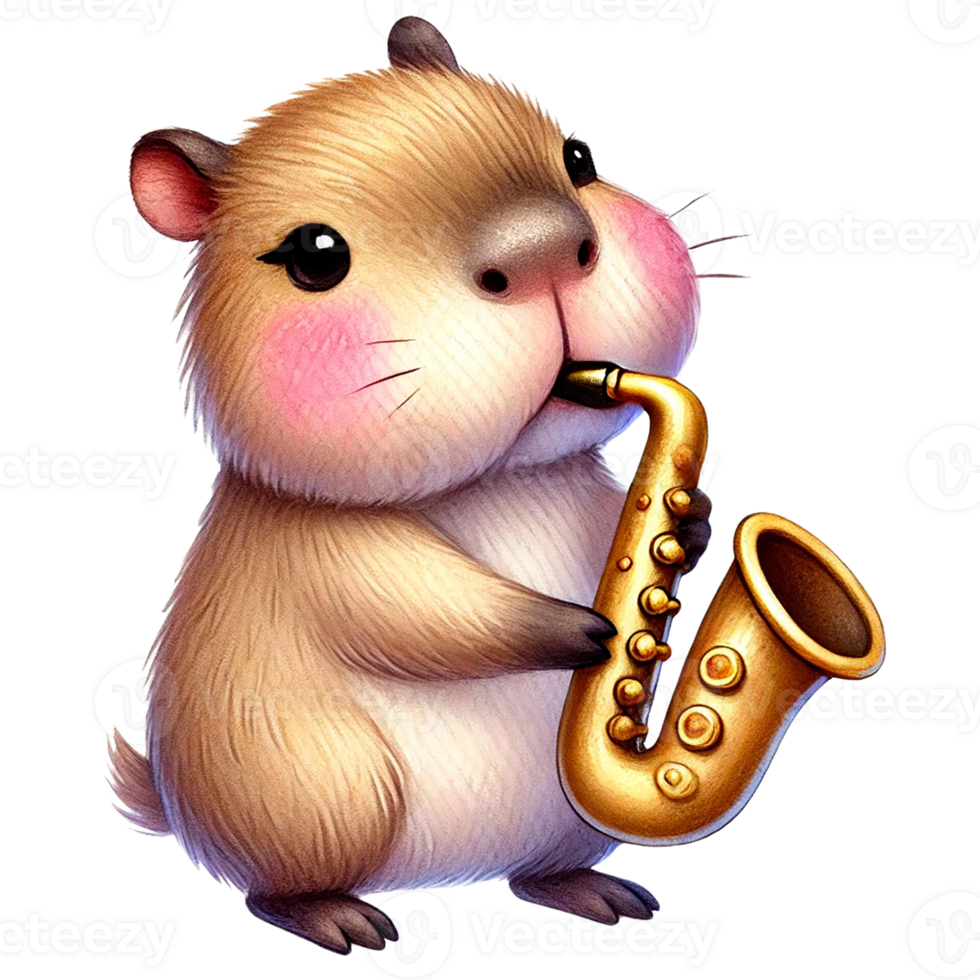 Cute Capybara playing a golden saxophone png