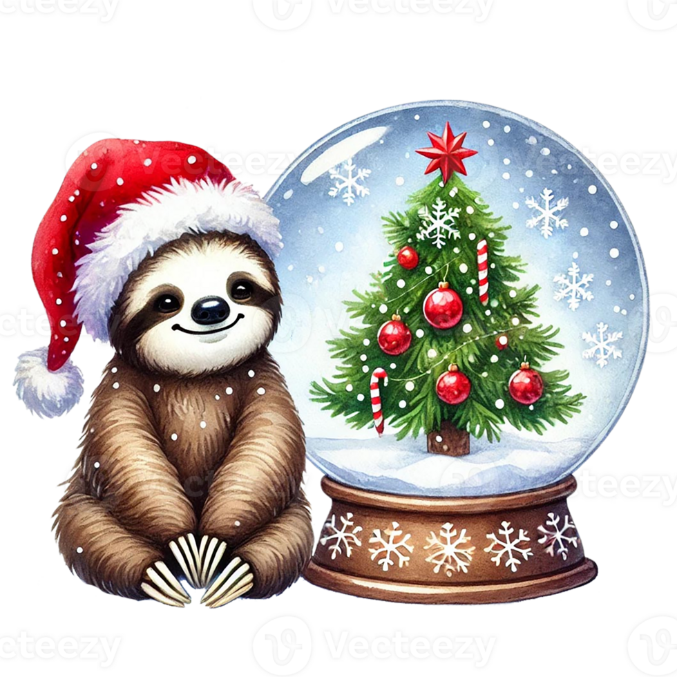 A cheerful sloth in a Santa hat next to a festive snow globe with a Christmas tree. png