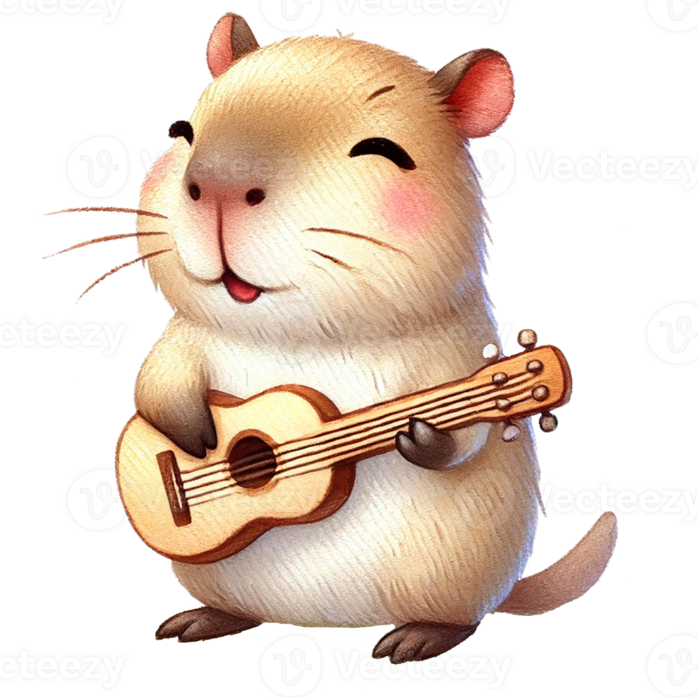 Cute Capybara playing a tiny guitar, cheerful and fun character png