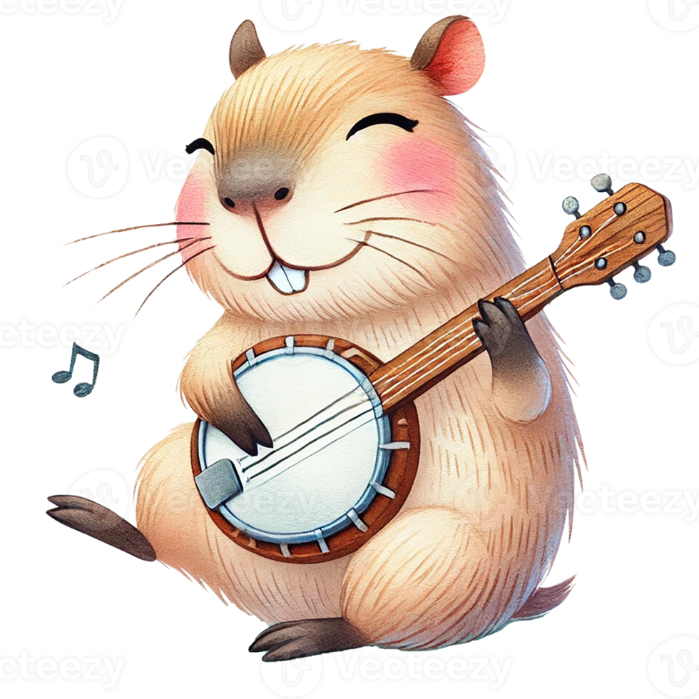 Cute cartoon animal playing banjo, joyful expression png
