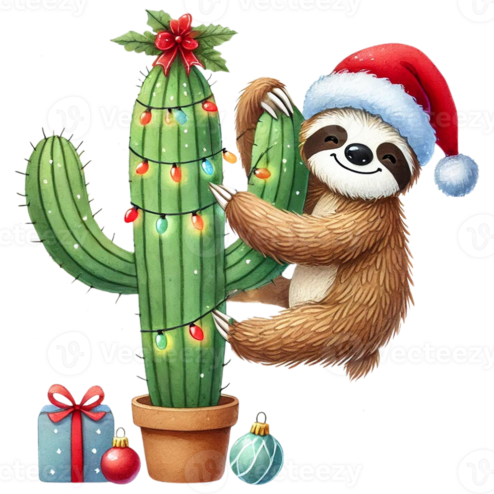 Sloth wearing a Santa hat, hugging a cactus decorated with Christmas lights. png