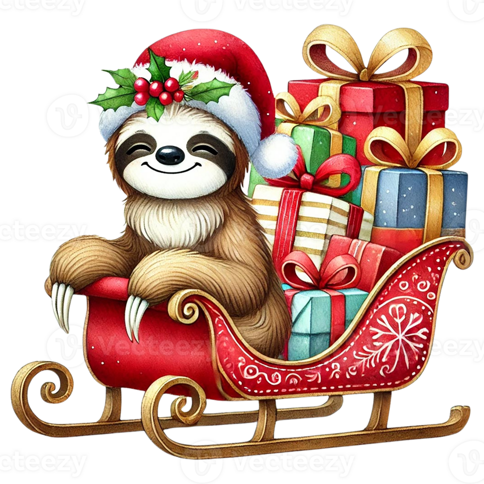 Sloth in a sleigh with Christmas gifts, festive and cheerful design. png