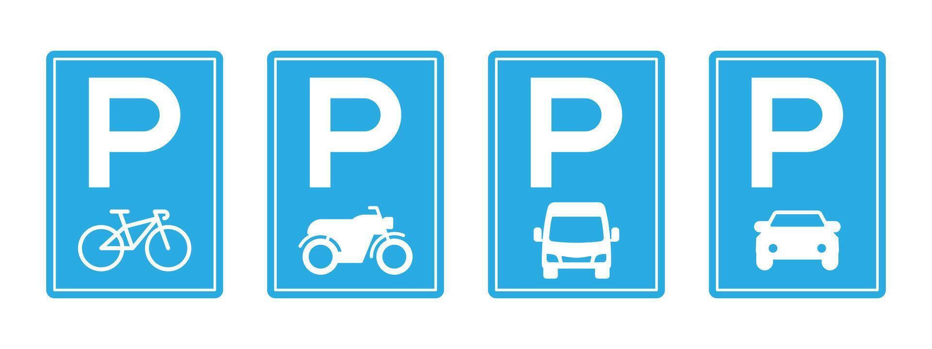 Four parking icon signs, motorcycle, bicycle, vehicle, car vector