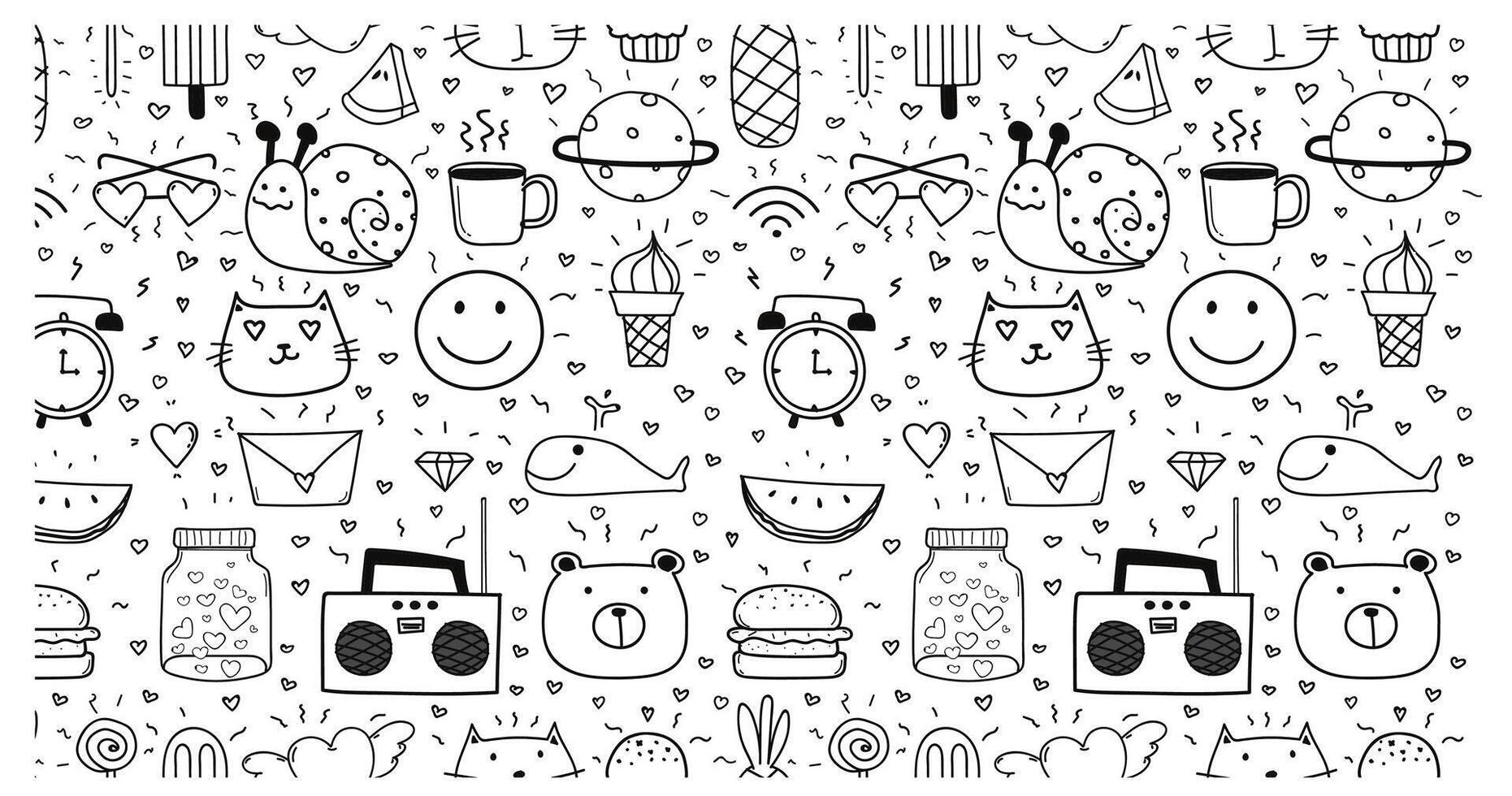 Seamless pattern in black and white repeated with mini doodle drawings icons. vector