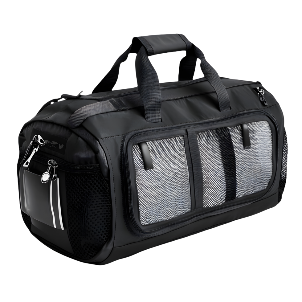 Stylish Black Duffel with Exterior Mesh Storage png