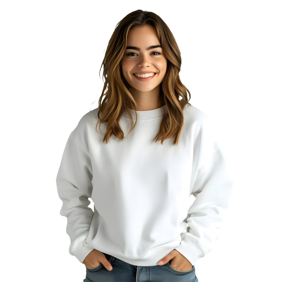 Minimalist Style with Woman in White Sweatshirt and Blue Jeans png