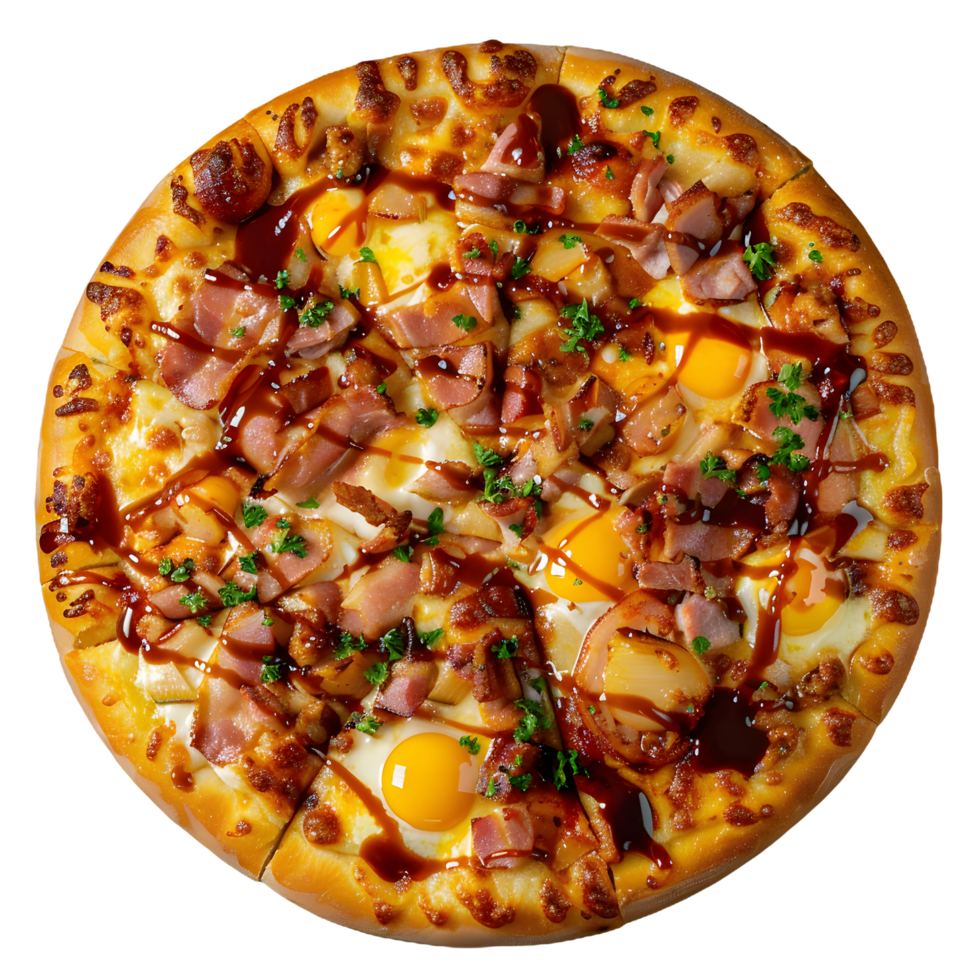 a pizza with ham and eggs on it png
