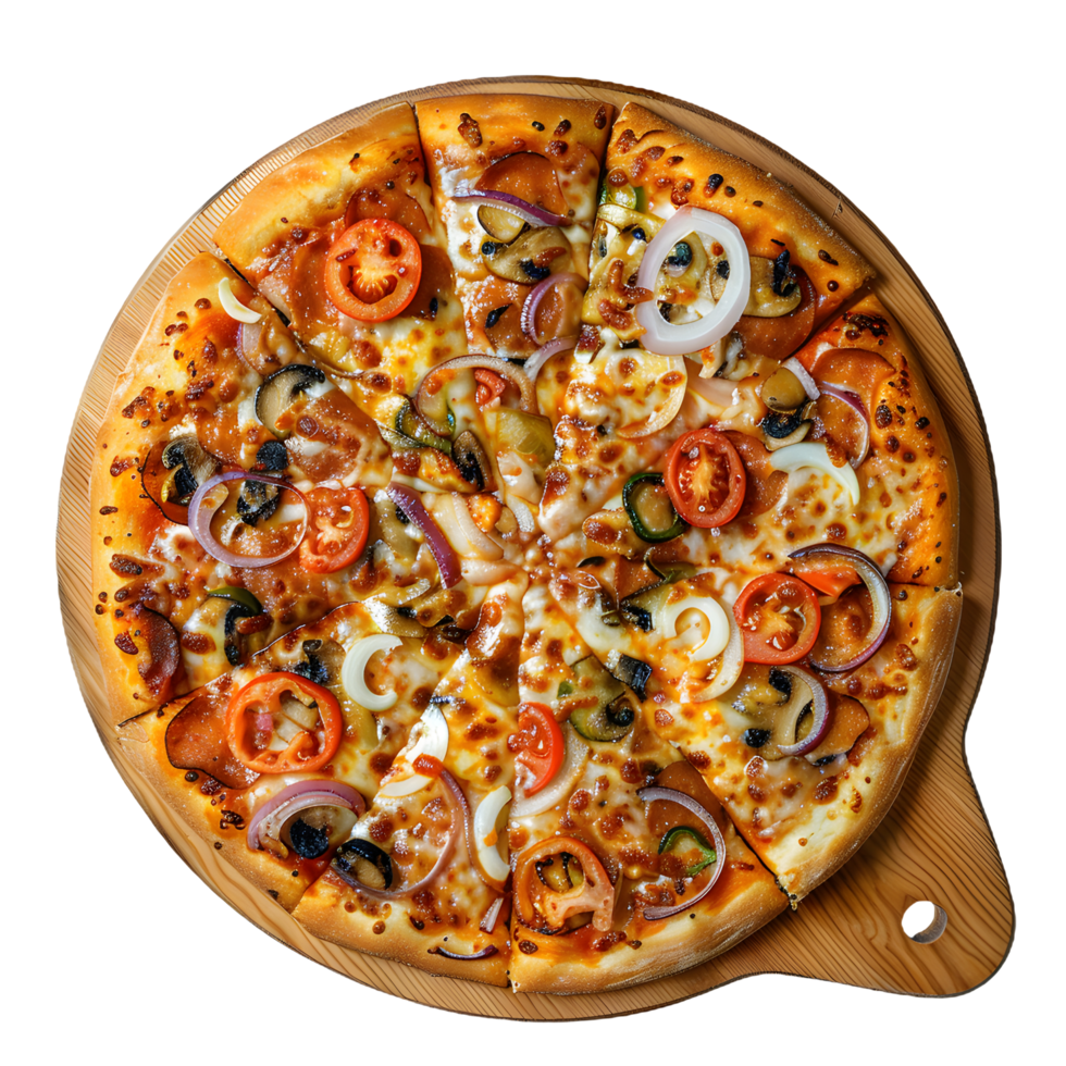 pizza with vegetables on a wooden cutting board png