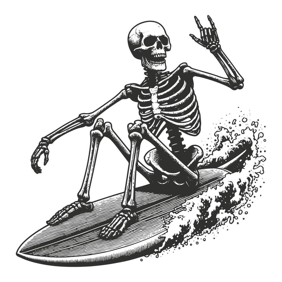 Skeleton on a Surfboard Drawing vector
