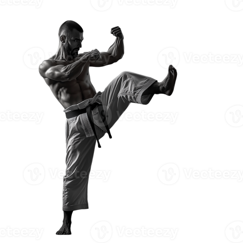 Silhouette of a martial artist executing a front kick, captured against a transparent background png