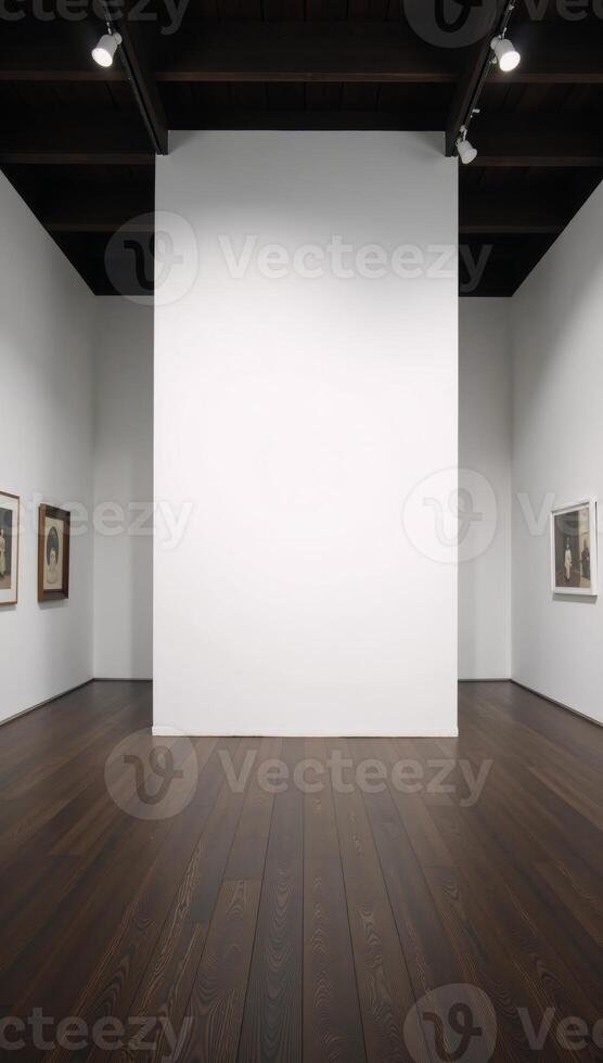 Art gallery with dark wood floors and large blank walls Minimalistic Monochromatic photo