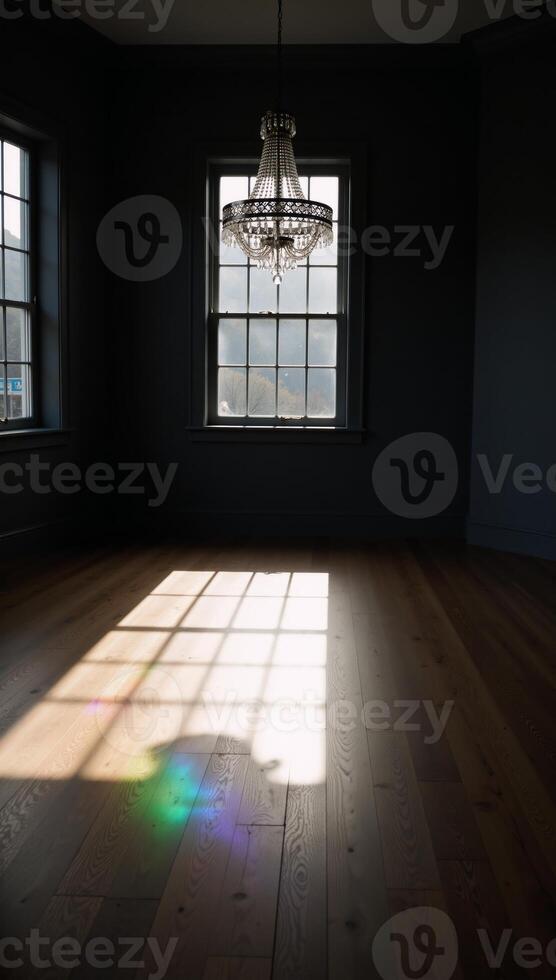 Empty room featuring darkgray walls wood floors large windows allow natural light for shadowy patterns photo