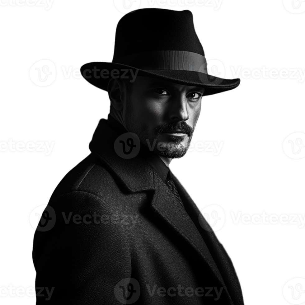 Man in a fedora hat with a mysterious look, silhouette style on a transparent background png