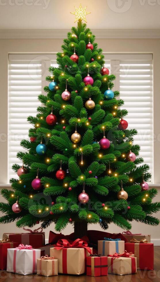 Generative image of Christmas tree adorned with presents under it Holiday Festive photo