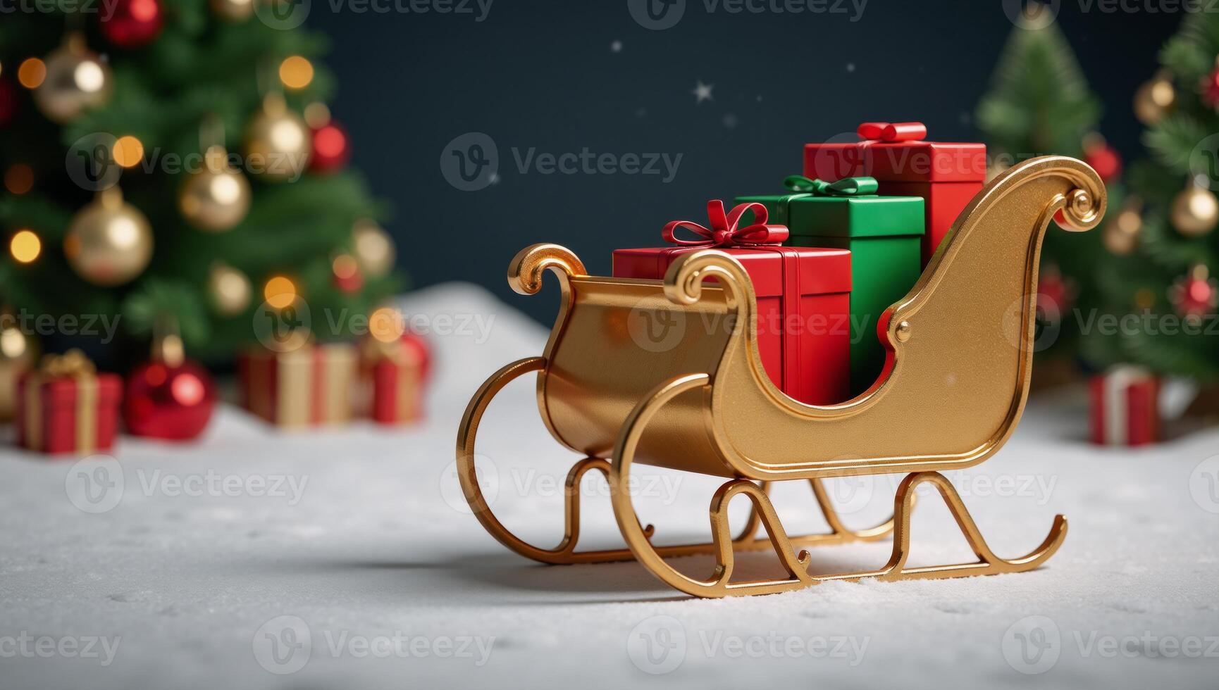 A captivating 3D rendering showcases a golden Christmas sleigh surrounded by soft glowing snowfall amidst a festive Christmas backdrop filled with red and green presents photo