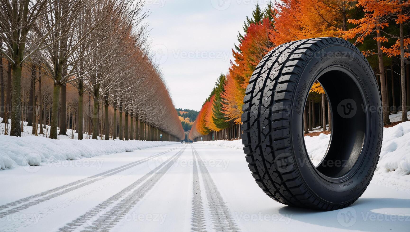 Allseason tire depicted on snowy road surrounded by seasonal trees photo