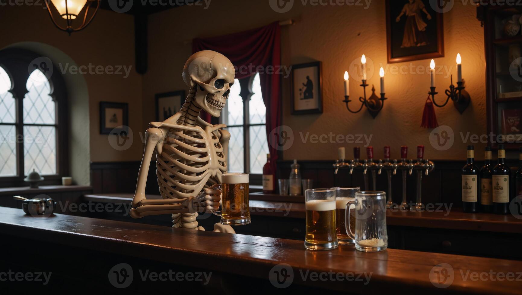 Skeleton Bartender serves Oktoberfest Beer at Spooky Pub photo