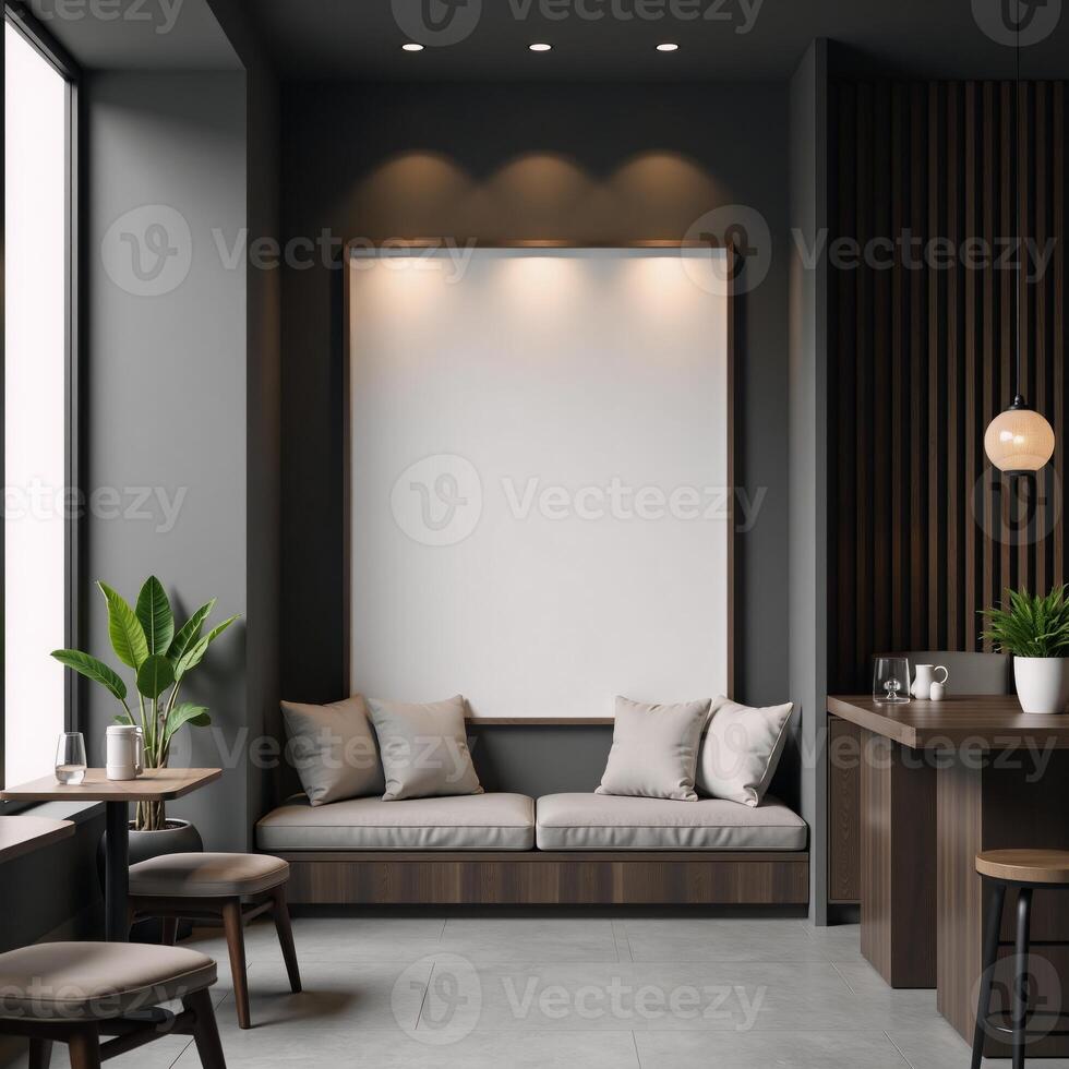 Modern caf interior Gray walls concrete floors dark wood accents large vertical art installation 3D render photo