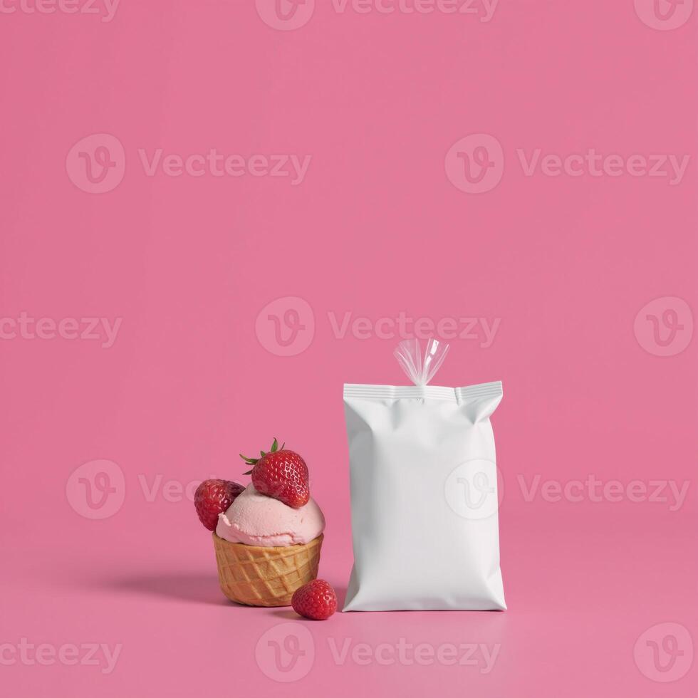 Isolated white ice cream cone on pink background empty strawberryraspberry ice cream pack mockups displayed in clear wrapping showcasing the Sundae Packaging Label Design with transparent cover photo