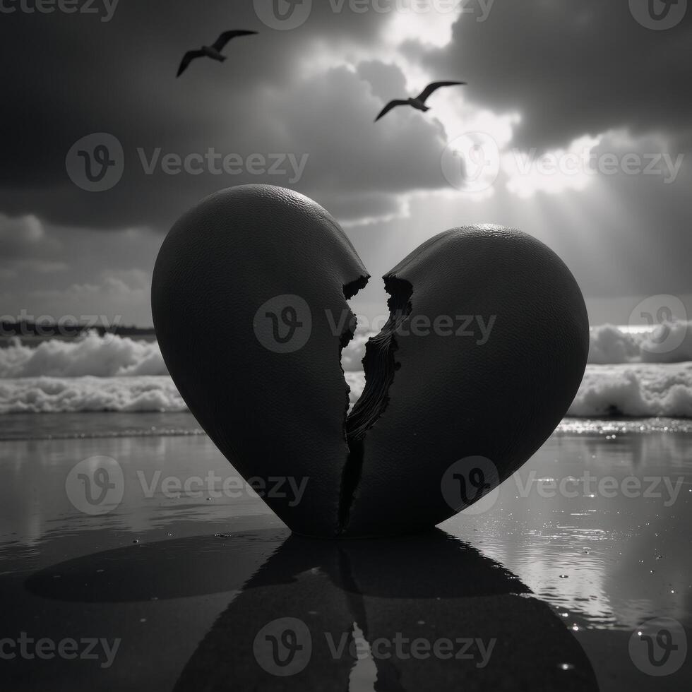Heart shattered against a backdrop of darkness and stormy seas on the beach at night photo