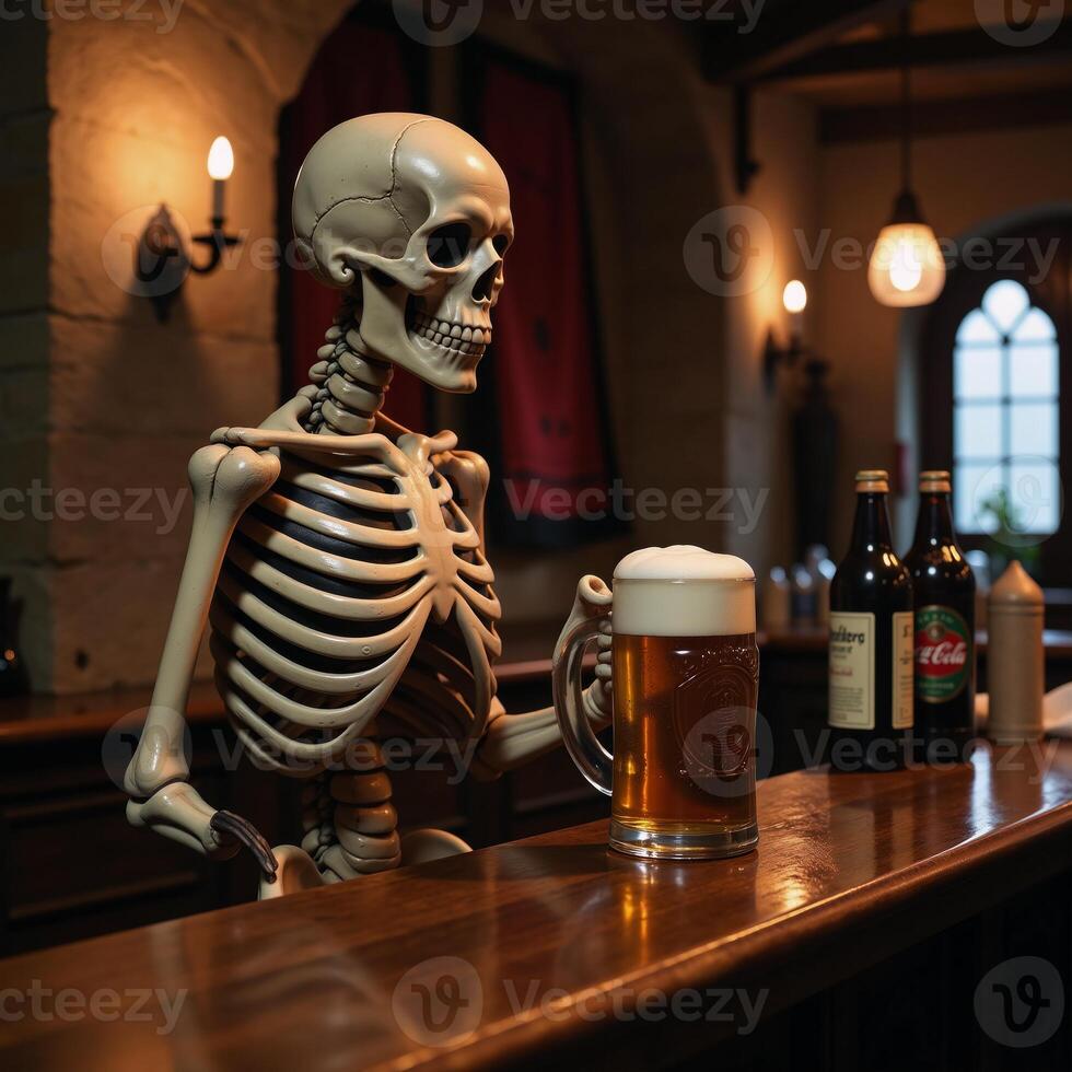Skeleton Bartender serves Oktoberfest Beer at Spooky Pub photo