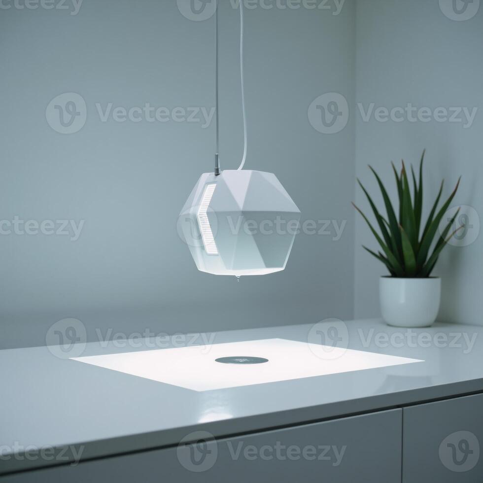 Futuristic mind control interface depicted in sleek white minimalist lab with cool tones photo
