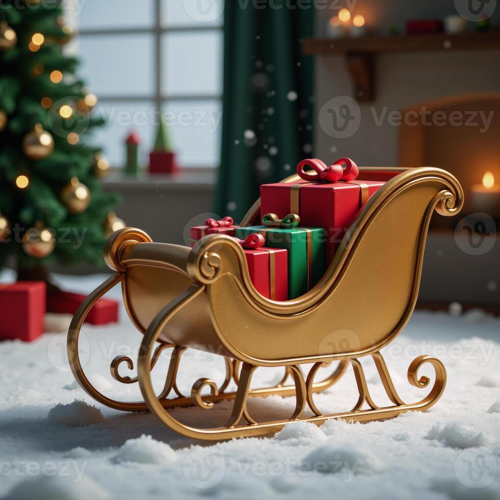 A captivating 3D rendering showcases a golden Christmas sleigh surrounded by soft glowing snowfall amidst a festive Christmas backdrop filled with red and green presents photo