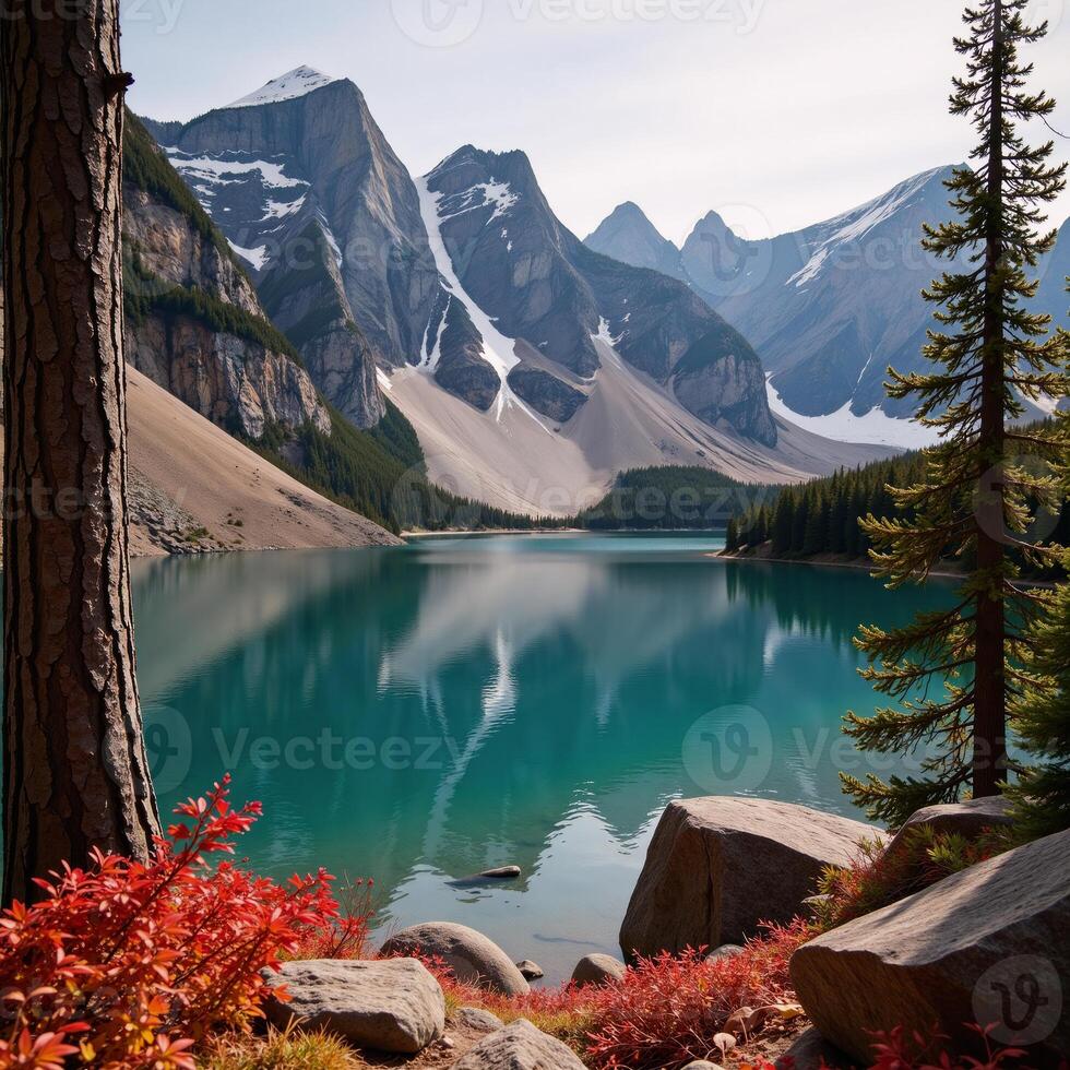 Autumn and Winter landscapes blend within scenic images featuring lakes and mountains photo