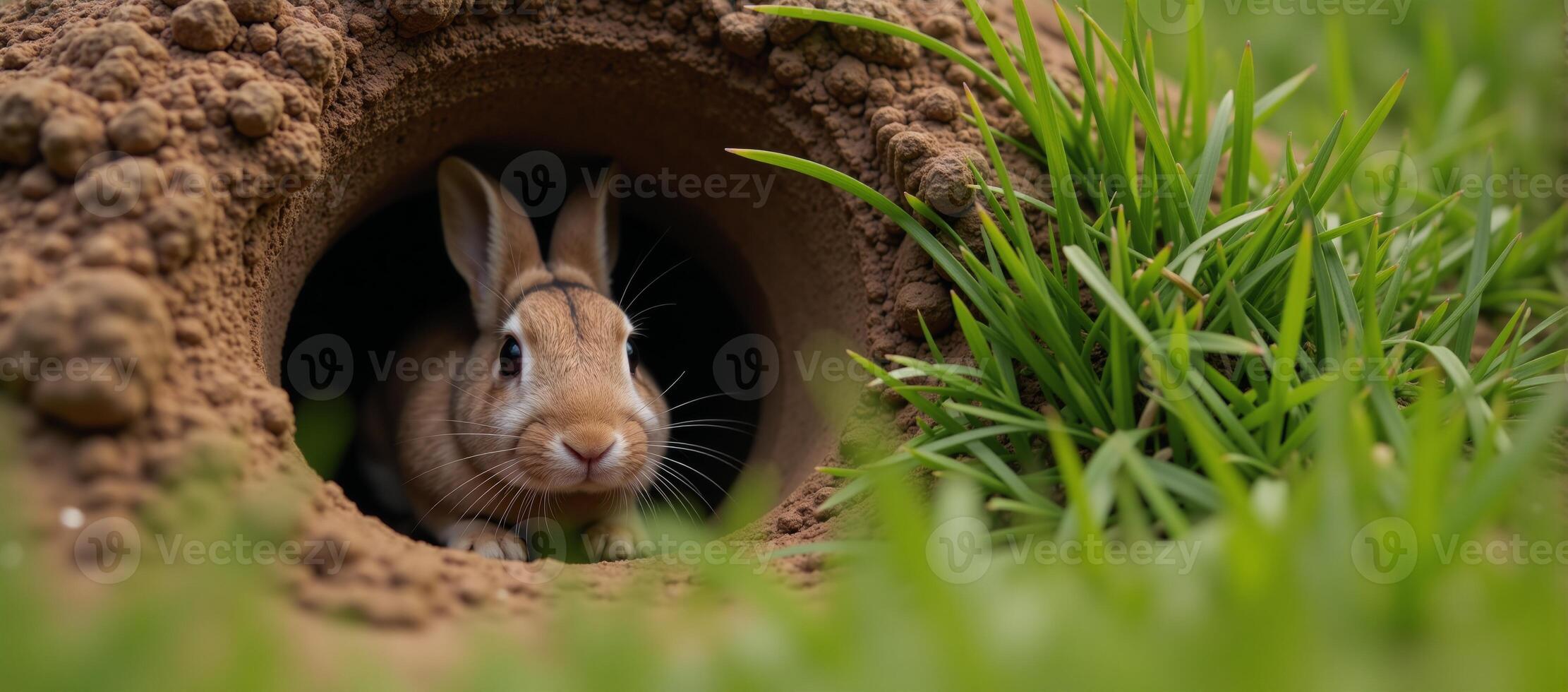 Rabbit peeking from burrow curious about outside world photo