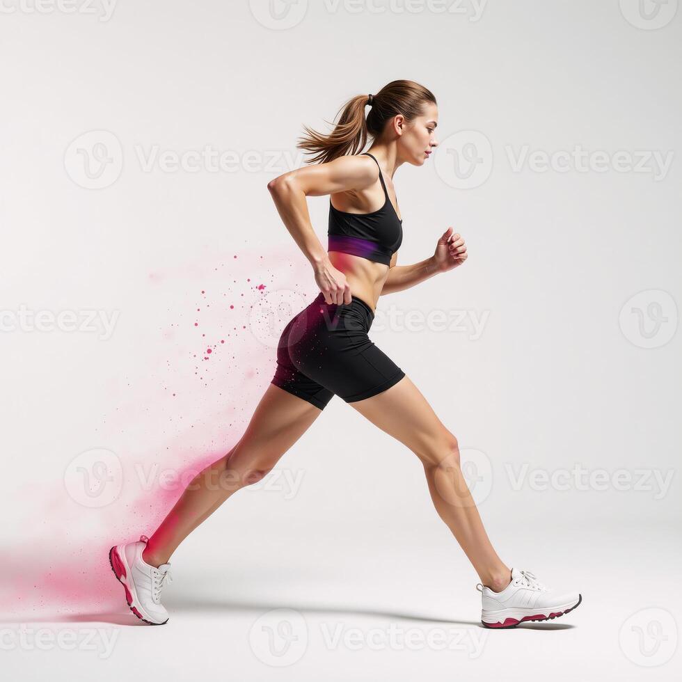 Woman runner depicted in an abstract colorful silhouette against a stark white background photo