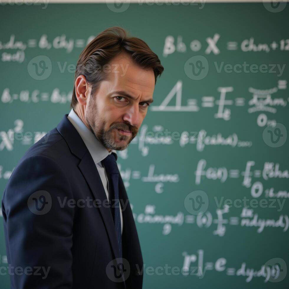 A businessman ponders amidst a wall of queries on a chalkboard photo