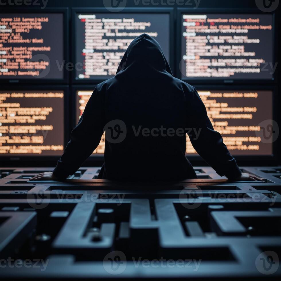 Hooded hacker silhouette amidst glowing binary codes and screens displaying number sequences photo