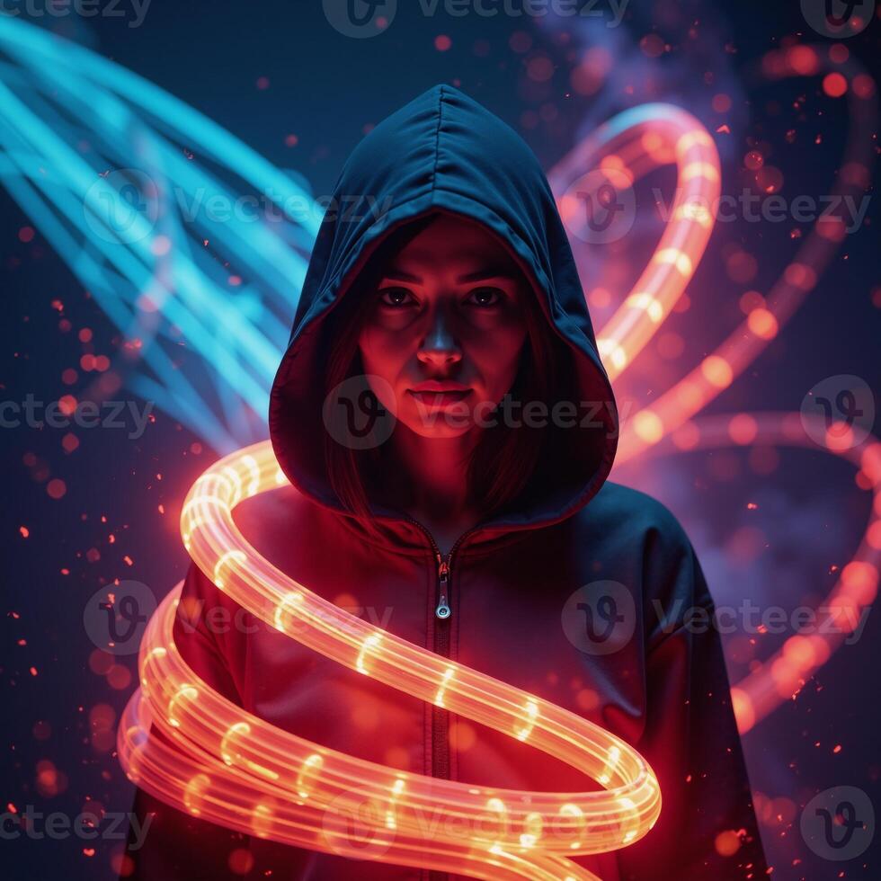 Mystical hooded figure amidst vibrant abstract light trails symbolizing contemporary digital aesthetics photo