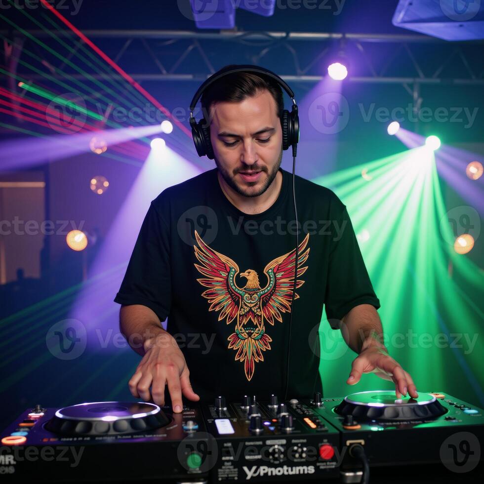 Illustrated image showcasing a DJ wearing headphones amidst pulsating laser light effects at a nightclub photo