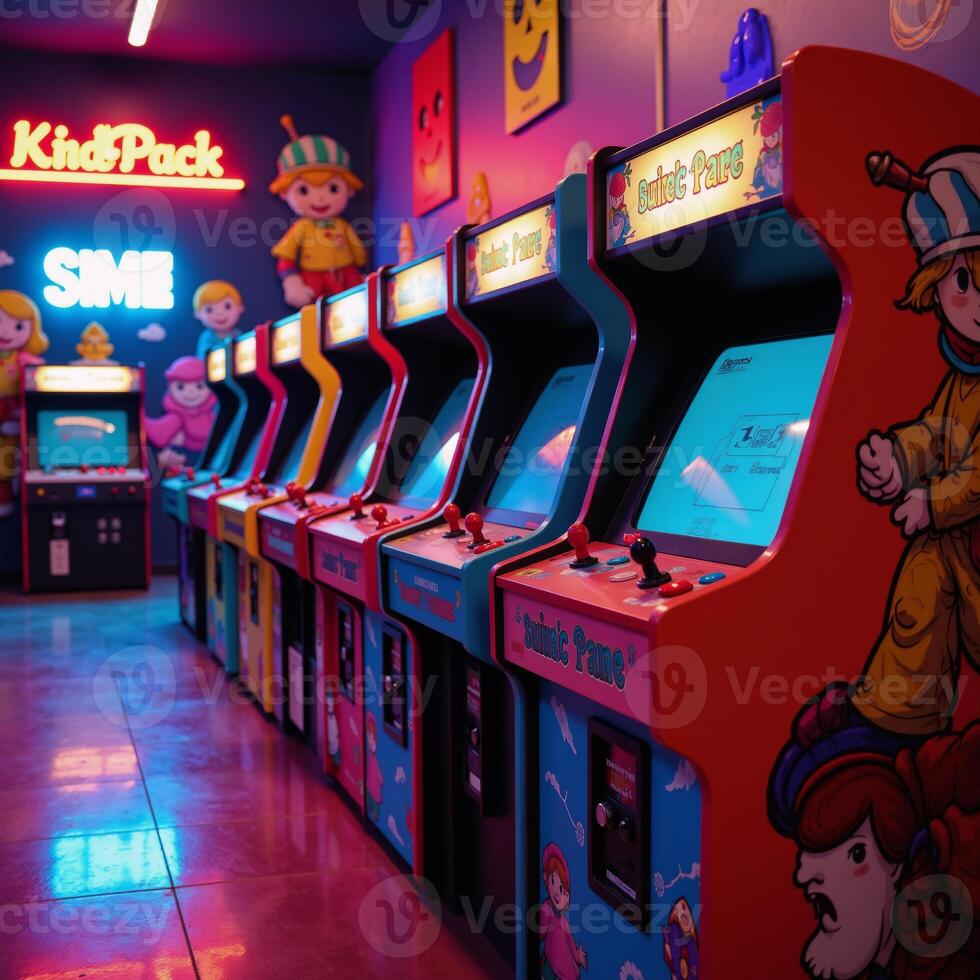 Nostalgic arcade room illustrated with retro gaming cabinets neonlit floors pixelated game character murals photo
