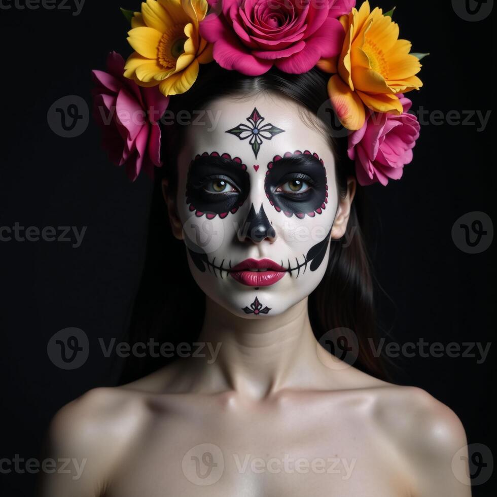 Drawing Sugar Skull Woman adorned with Floral Accessories photo
