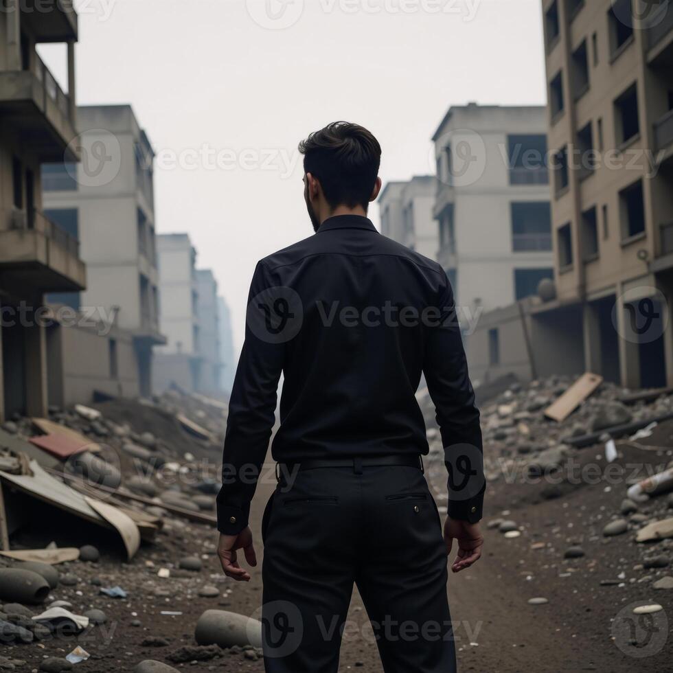 A solitary figure gazes upon a ruined city from afar photo