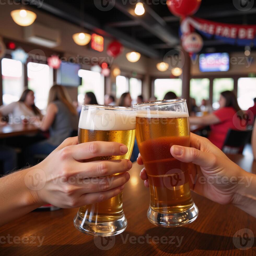 A bar scene depicting two toasting glasses adorned with American flags during the Fourth of July celebration photo